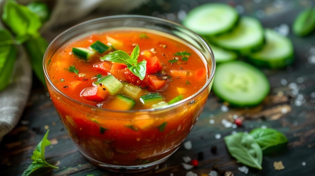 Suppa di gazpacho fatta in casa con pomodori maturi, cetrioli, pepe e basilico su legno rustico
