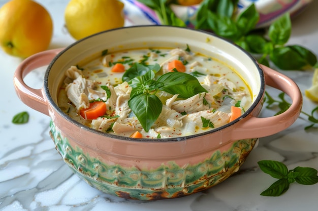 Suppa di pollo fresca fatta in casa con tagliatelle di carote e basilico in una ciotola decorativa sul bancone della cucina