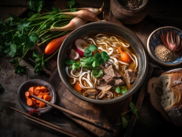 Suppa di tagliatelle di manzo in una cucina rustica Fotografia alimentare