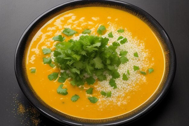 Suppa vegetariana d'autunno di zucca e carota con semi di crema e cilantro micro-verdi Cibo confortevole