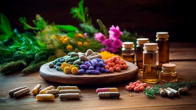 Supplementi e fiori erbe medicina alternativa IA generativa Natura