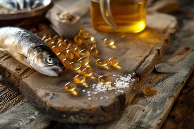 Supplementi nutrizionali concetto con capsule di olio di pesce e pesce fresco su legno rustico salute e dieta fotografia benessere stile di vita fonte di omega3 AI