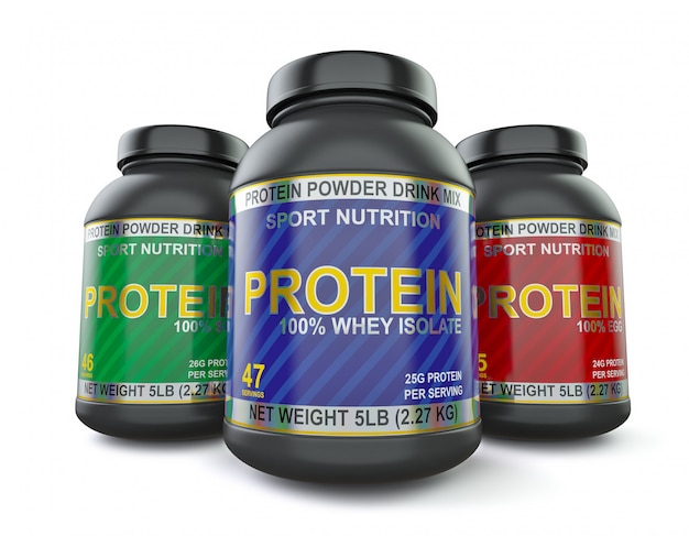 Supplementi proteici di bodybuilding isolati su bianco