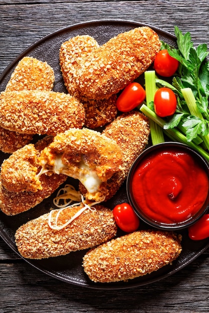 Suppli al telefono fast food italiano - crocchette di riso fritto ripiene di mozzarella servite su un piatto nero con gambi di sedano, pomodori e ketchup su un tavolo di legno scuro, vista dall'alto, primo piano