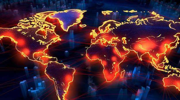 Supply Chain Network illustrazione digitale di una mappa del mondo con percorsi di trasporto interconnessi per la logistica internazionale IA generativa