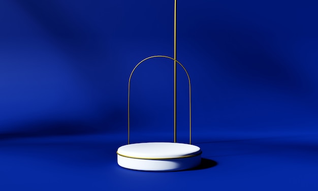 Supporto bianco con arco dorato su sfondo blu con ombra. rendering 3D.