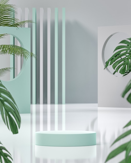 Supporto da palco moderno verde menta per podio con foglie tropicali per il posizionamento del prodotto 3d rendering