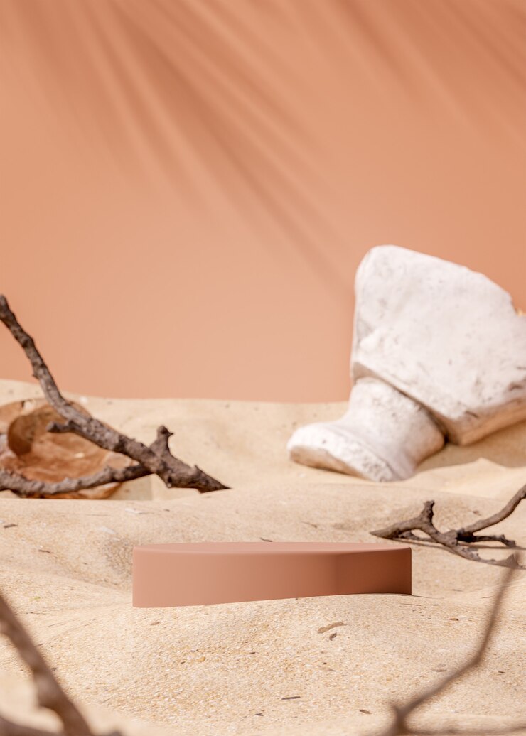 Supporto da palco per podio su sfondo sabbia beige per rendering 3d di posizionamento del prodotto