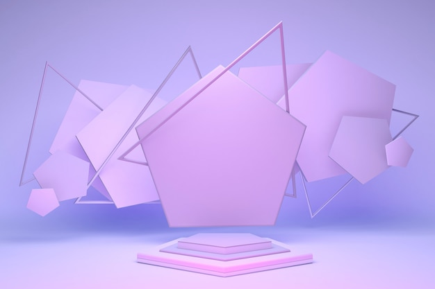 Supporto da podio rosa pastello minimo 3D su parete viola con forme geometriche astratte