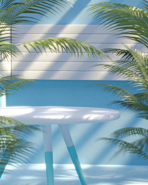 Supporto da tavolo sul podio su sfondo di palme tropicali per il posizionamento del prodotto sfondo blu rendering 3d