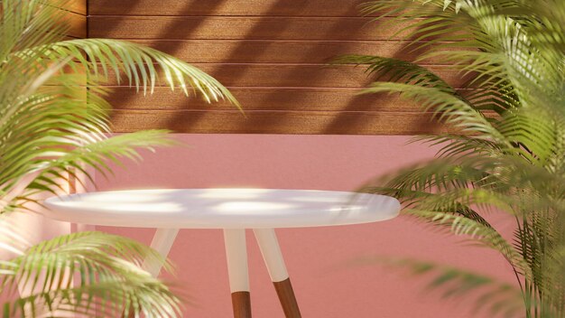 Supporto da tavolo sul podio su sfondo di palme tropicali per il posizionamento del prodotto sfondo rosa rendering 3d