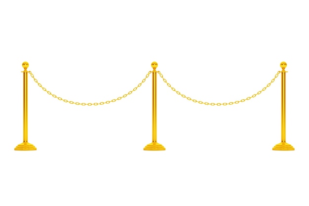 Supporto della barriera della catena dorata del primo piano su un fondo bianco. Rendering 3D