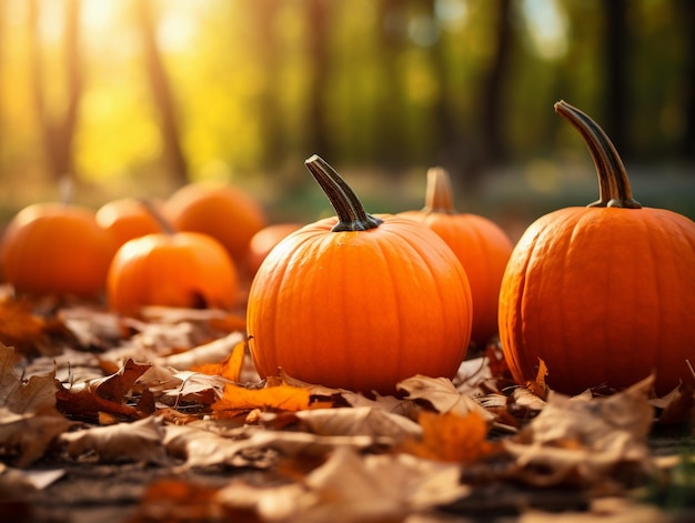 Supporto di zucca carino fresco nella foresta con foglie di acero davanti a sfondo sfocato