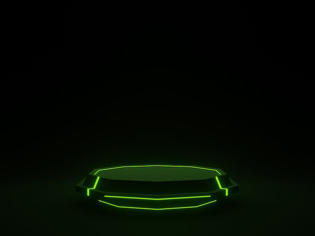 Supporto futuristico nero 3d con podio scientifico di luci al neon verdi