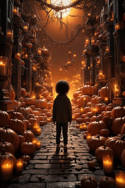 Supporto per bambini con molte zucche di halloween jacko'lanterns all'aperto