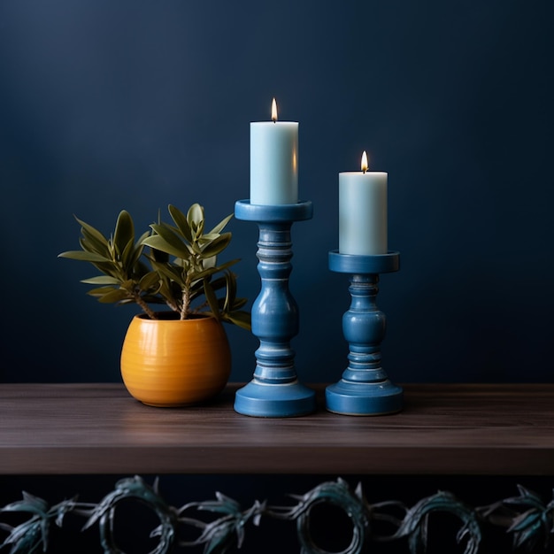 supporto per candela con colonna in legno blu. Servizio fotografico del prodotto