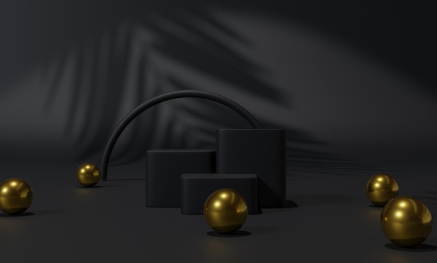 Supporto per podio nero e sfondo nero o piedistallo per podio in esposizione pubblicitaria con rendering 3D di sfondi vuoti