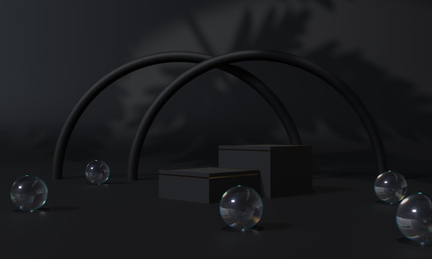 Supporto per podio nero e sfondo nero o piedistallo per podio in esposizione pubblicitaria con rendering 3D di sfondi vuoti