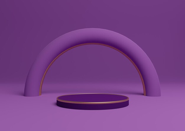 Supporto per podio per esposizione di prodotti semplici viola 3D linee dorate arco minimale geometrico e lussuoso