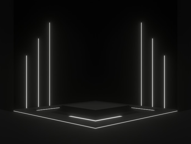 Supporto scientifico nero renderizzato in 3D con luci al neon bianche