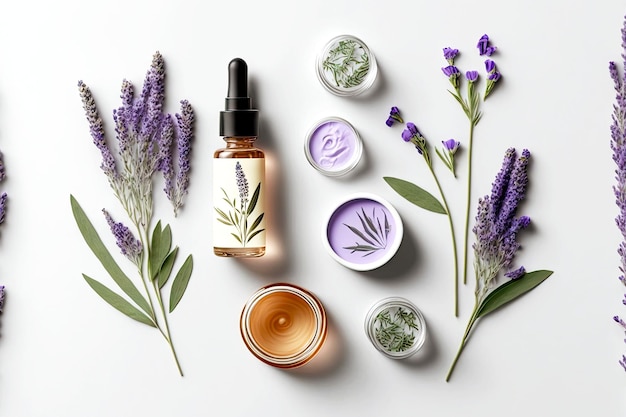 Supposta olio di lavanda aromaterapia prodotti spa flatlay isolati su sfondo bianco