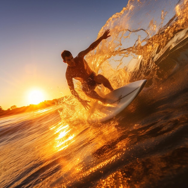 surf al tramonto silhouette del surfista al tramonto splash d'acqua del mare