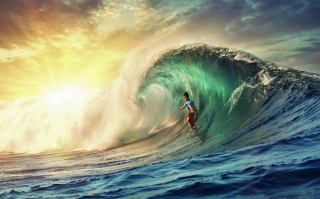 Surf sull'onda dell'oceano sullo sfondo del tramonto Rendering 3D