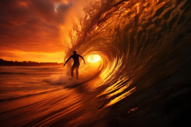 Surfer cavalca l'onda dell'oceano durante il tramonto AI generativa