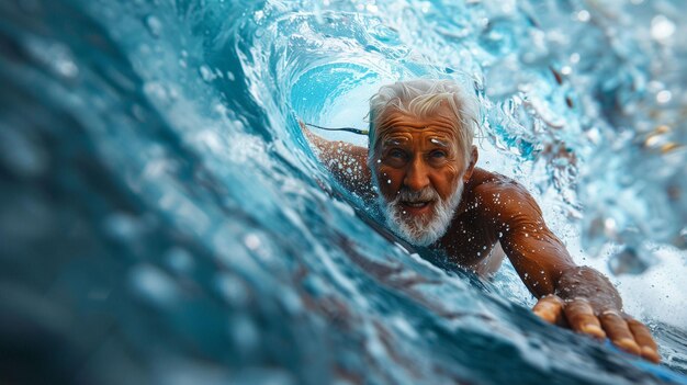 Surfista anziano che cavalca un'onda su una tavola da surf AI generativa