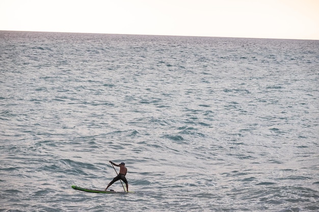 Surfista atletico con un filo che nuota con una pagaia su una tavola in mare Stand up paddleboarding