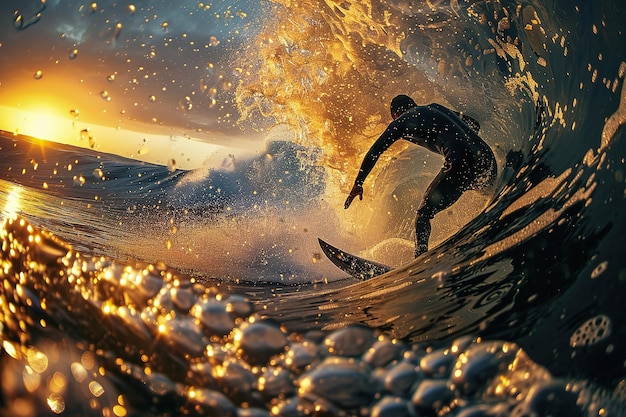 Surfista che cattura un'onda al tramonto