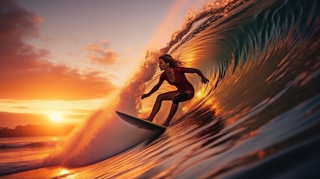 Surfista che cavalca l'onda dell'oceano nelle luci del mattino