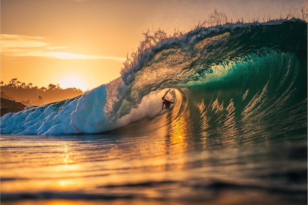 Surfista che naviga sul mare ondulato con spruzzi d'acqua generativa AI