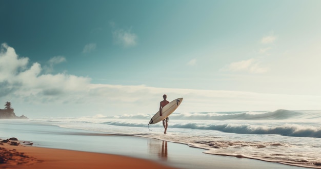Surfista con la sua tavola da surf che cammina su una spiaggia deserta