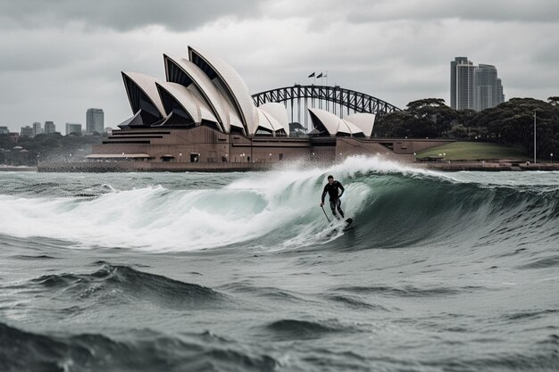 Surfista nel porto di Sydney con l'Opera di Sydney sullo sfondo