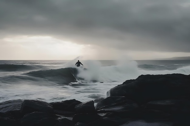 Surfista su un'onda dell'oceano blu bloccato all'alba Rete neurale generata dall'AI