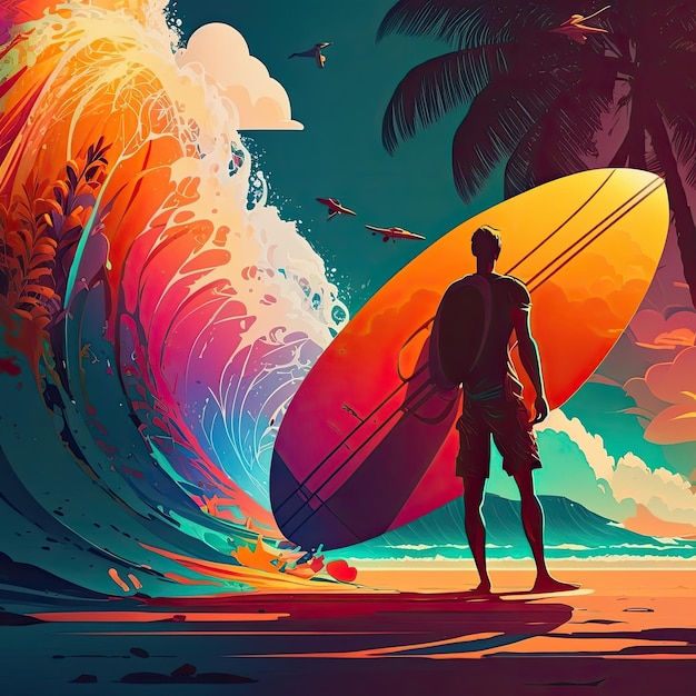 Surfista sulla spiaggia Illustrazione AI Generative