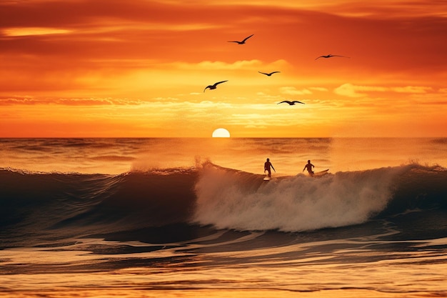 Surfisti energetici che cavalcano le onde al tramonto