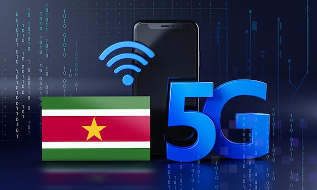 Suriname pronto per il concetto di connessione 5G. Sfondo di tecnologia Smartphone rendering 3D