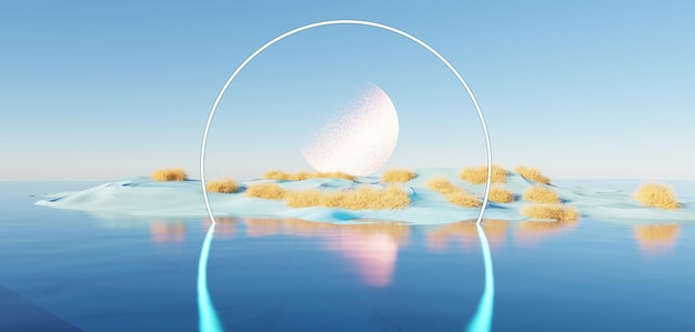 Surreale Bellissimo sfondo di terra da sogno Dune astratte nella stagione invernale paesaggio con arco geometrico Scenario dell'isola fantasy con acqua e cielo nuvoloso naturale Rendering 3d dell'arco a specchio metallico