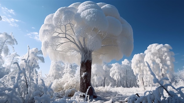 Surreale paesaggio invernale Uno splendido albero innevato in un campo ghiacciato mozzafiato