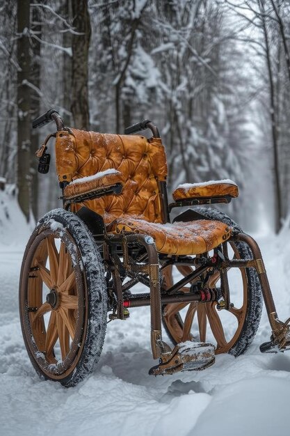 Surreale sedia a rotelle vuota fuori in inverno