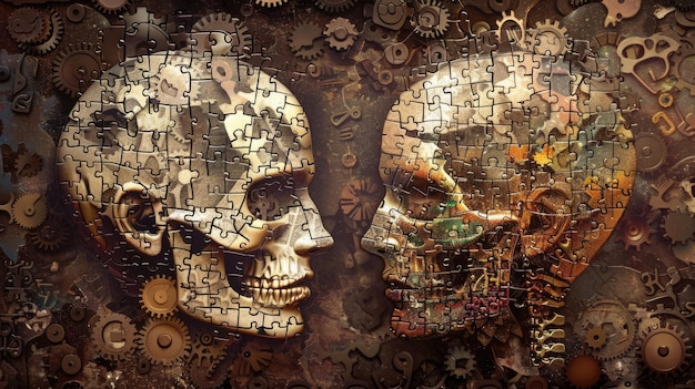 Surreali crani di puzzle con elementi steampunk