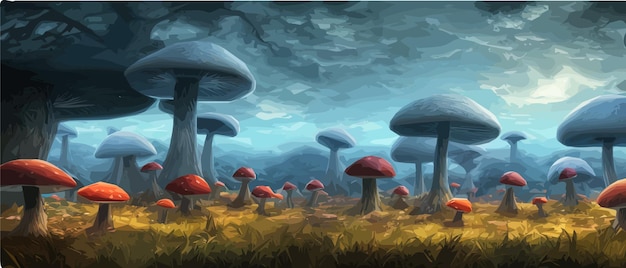 Surreali paesaggi di funghi fantasy paese delle meraviglie paesaggio con illustrazione vettoriale di funghi lunari Fantasia sognante