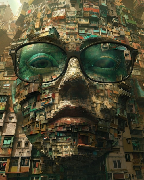 Surrealismo catturato in alta risoluzione un paesaggio urbano che si fonde con un viso umano