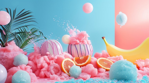 Surrealismo pastello rosa e blu con frutta e caramelle