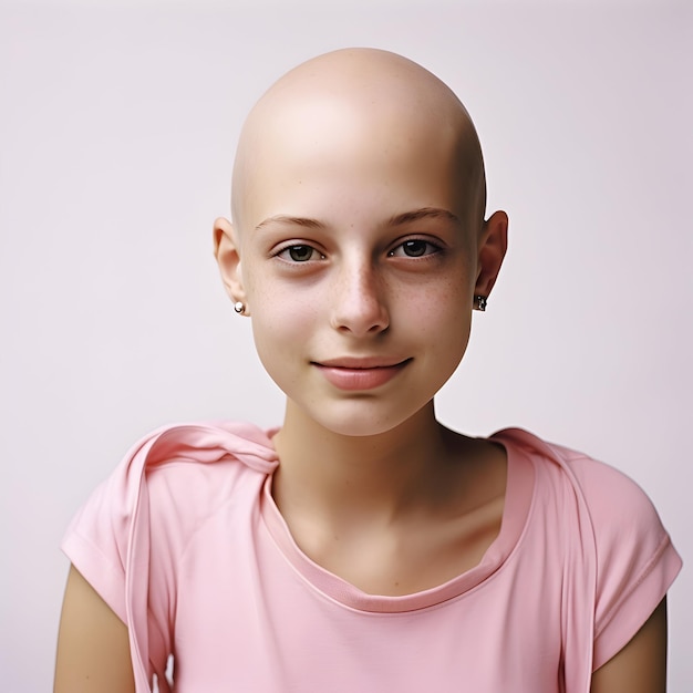 Survivor del cancro al seno donna senza capelli che indossa una camicia rosa per la giornata mondiale del cancro post sui social media