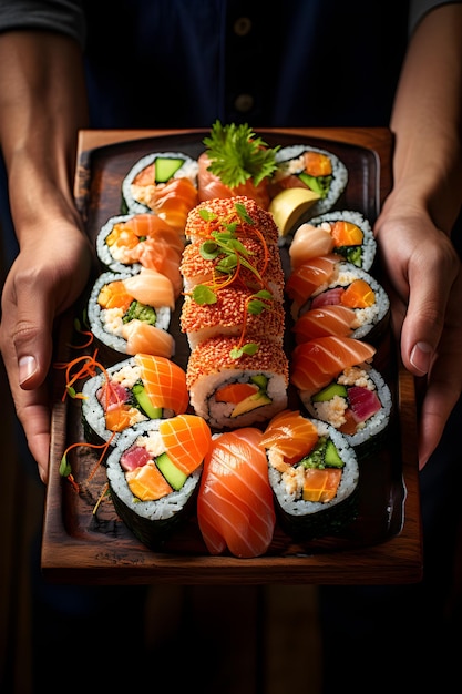 Sushi assortiti della stretta della mano femminile