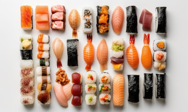 Sushi assortito con ripieno di tonno, salmone e avocado Creazione utilizzando strumenti di intelligenza artificiale generativa