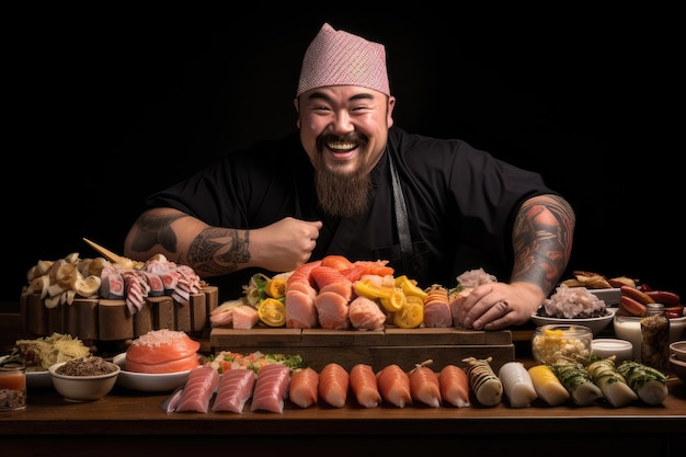 sushi chef sorride accanto a grandi quantità di sushi e sashimi ai generati